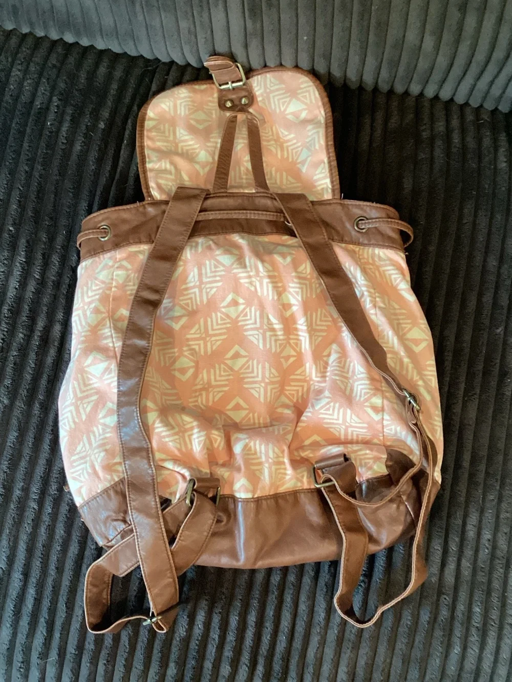 Mudd Pink Patterned Canvas Backpack with Brown Trim